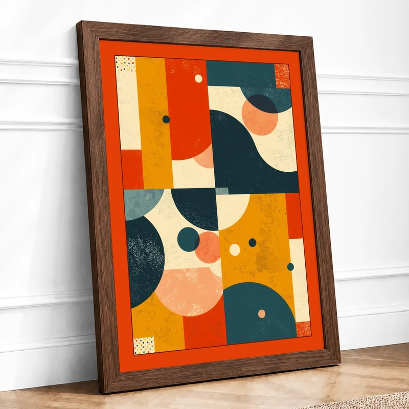 Geometric Balance Mid-Century Framed Wall Art Print A1 (84.1×59.4cm) Walnut, Wall Decor for Living Room, Bedroom, Office & Home, Ready to Hang, Art Gift