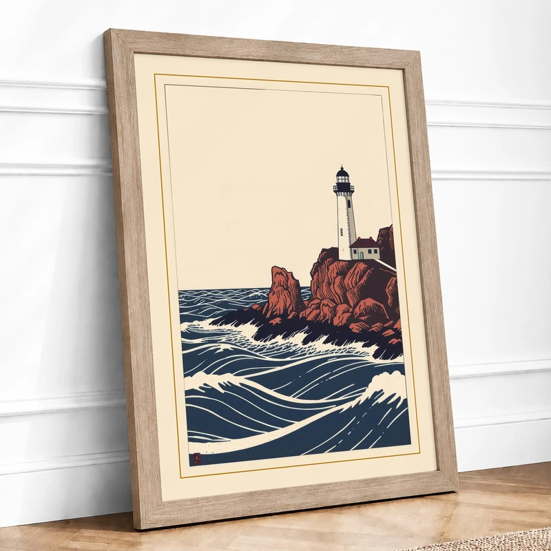 Lighthouse in Turbulent Seas Coastal Framed Wall Art Print A1 (84.1×59.4cm) Oak, Wall Decor for Living Room, Bedroom, Office & Home, Ready to Hang, Art Gift - Image 1