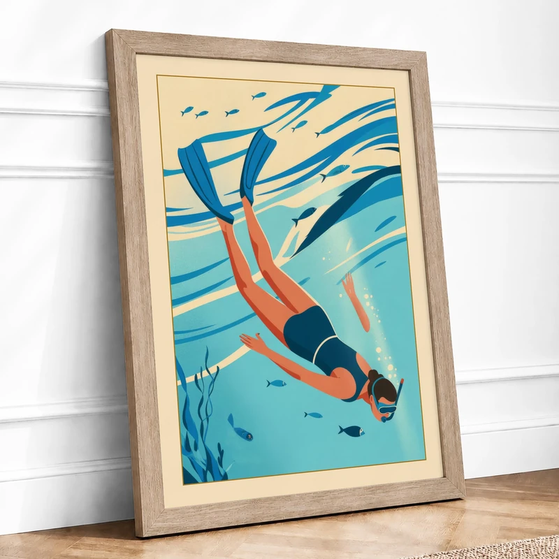Swimmer in Turquoise Coastal Framed Wall Art Print A1 (84.1×59.4cm) Oak, Wall Decor for Living Room, Bedroom, Office & Home, Ready to Hang, Art Gift