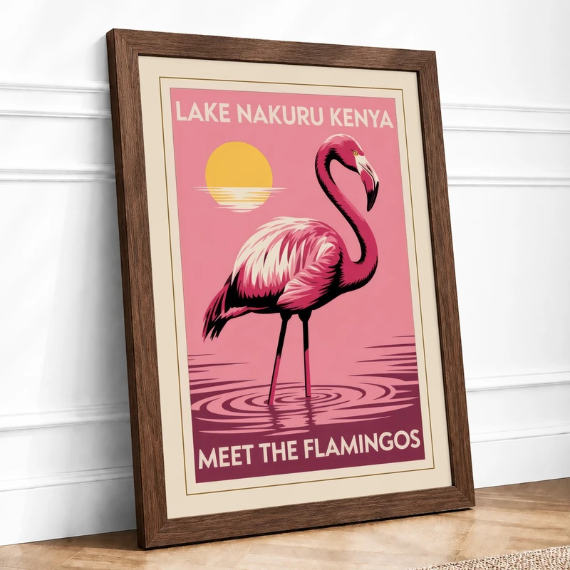 Lake Nakuru Flamingo Vintage Framed Wall Art Print A1 (84.1×59.4cm) Walnut, Wall Decor for Living Room, Bedroom, Office & Home, Ready to Hang, Art Gift