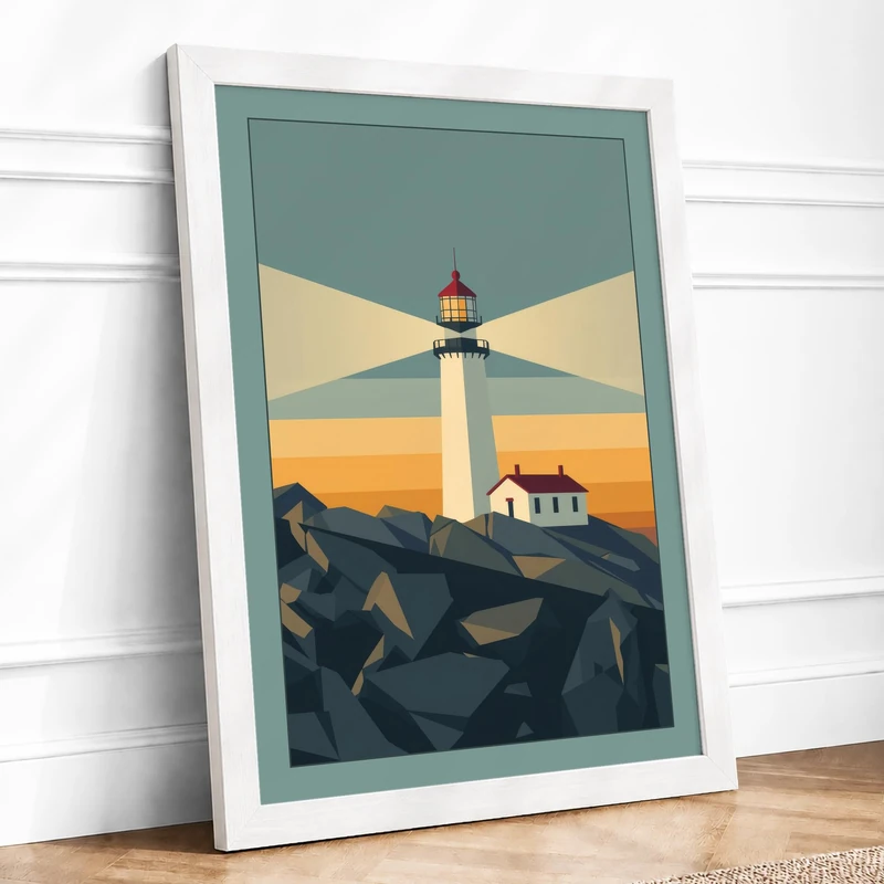 Lighthouse at Rest Vintage Framed Wall Art Print A1 (84.1×59.4cm) White, Wall Decor for Living Room, Bedroom, Office & Home, Ready to Hang, Art Gift - Image 1
