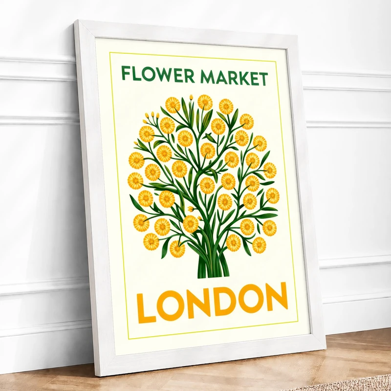 Flower Market London Botanical Framed Wall Art Print A1 (84.1×59.4cm) White, Wall Decor for Living Room, Bedroom, Office & Home, Ready to Hang, Art Gift