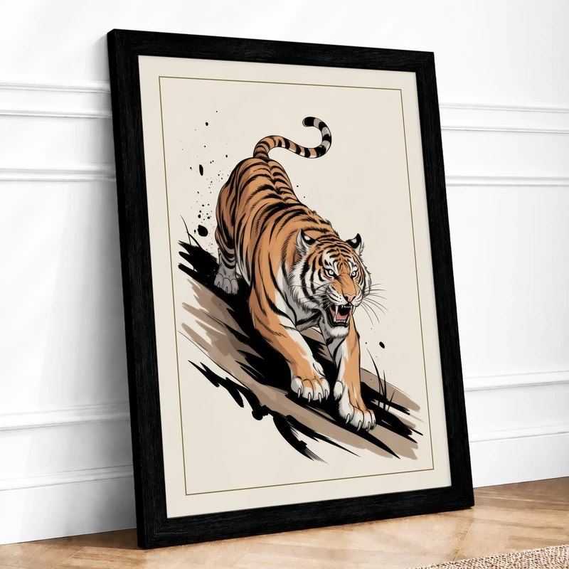 Stalking Tiger Japandi Framed Wall Art Print A1 (84.1×59.4cm) Black, Wall Decor for Living Room, Bedroom, Office & Home, Ready to Hang, Art Gift - Image 1