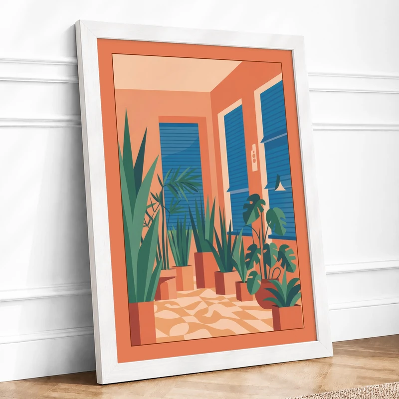 Mediterranean Courtyard Minimalist Framed Wall Art Print A1 (84.1×59.4cm) White, Wall Decor for Living Room, Bedroom, Office & Home, Ready to Hang, Art Gift - Image 1