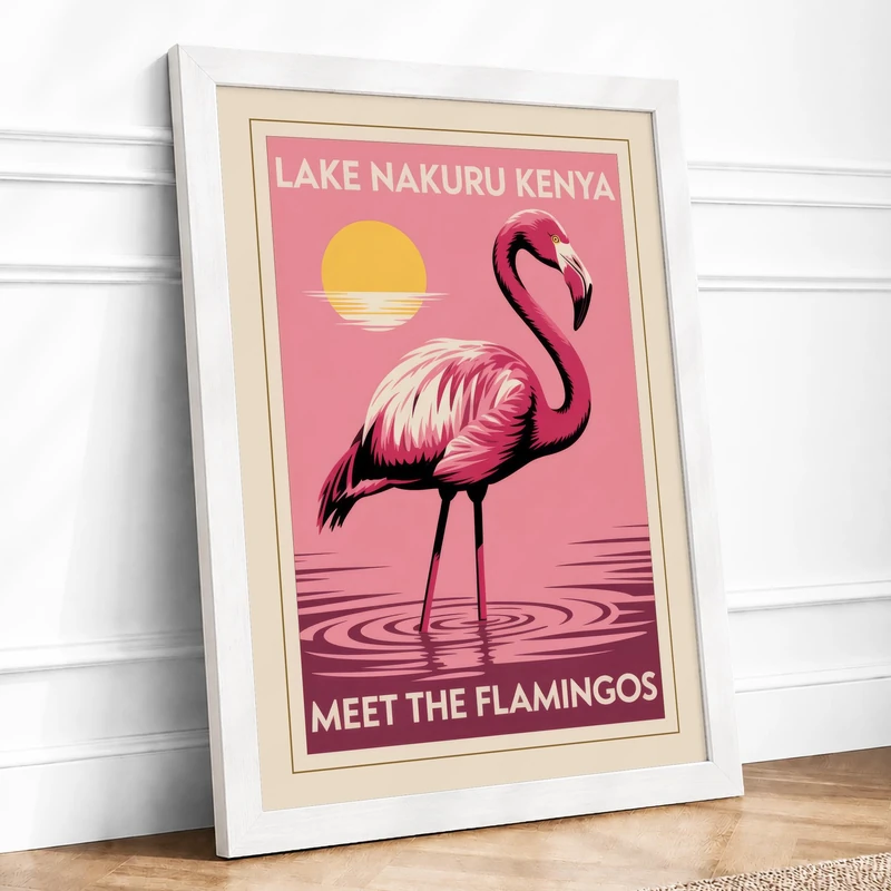 Lake Nakuru Flamingo Vintage Framed Wall Art Print A1 (84.1×59.4cm) White, Wall Decor for Living Room, Bedroom, Office & Home, Ready to Hang, Art Gift - Image 1