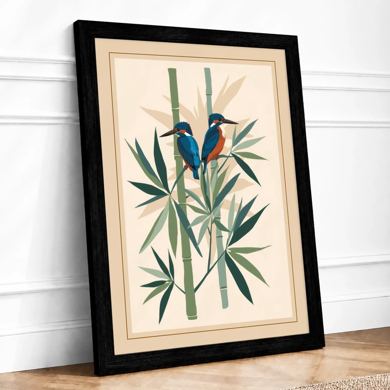 Kingfishers on Bamboo Botanical Framed Wall Art Print A1 (84.1×59.4cm) Black, Wall Decor for Living Room, Bedroom, Office & Home, Ready to Hang, Art Gift - Image 1