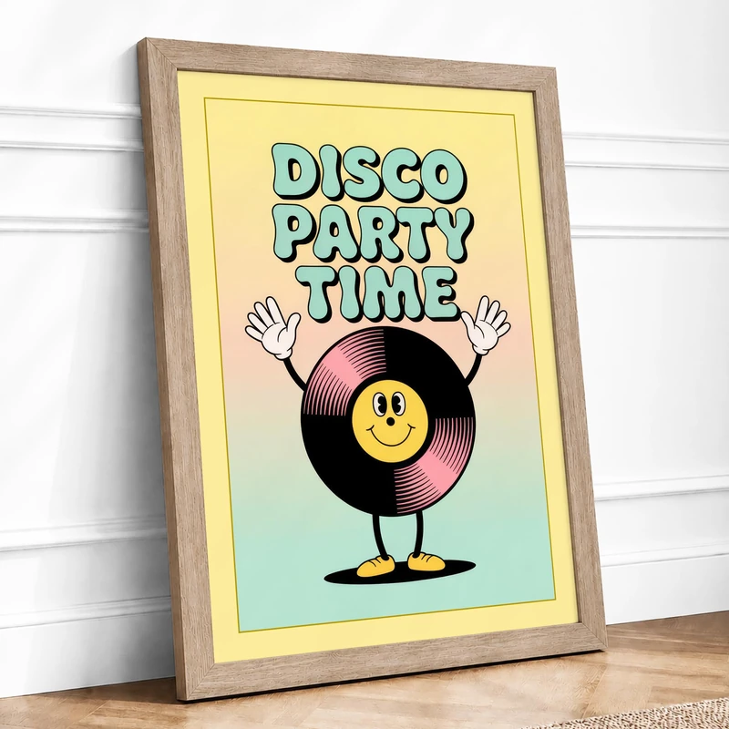 Disco Party Time Retro Framed Wall Art Print A1 (84.1×59.4cm) Oak, Wall Decor for Living Room, Bedroom, Office & Home, Ready to Hang, Art Gift