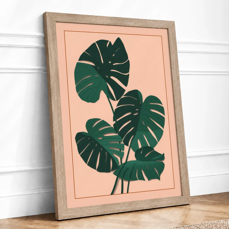 Monstera Trio Botanical Framed Wall Art Print A1 (84.1×59.4cm) Oak, Wall Decor for Living Room, Bedroom, Office & Home, Ready to Hang, Art Gift - Image 1