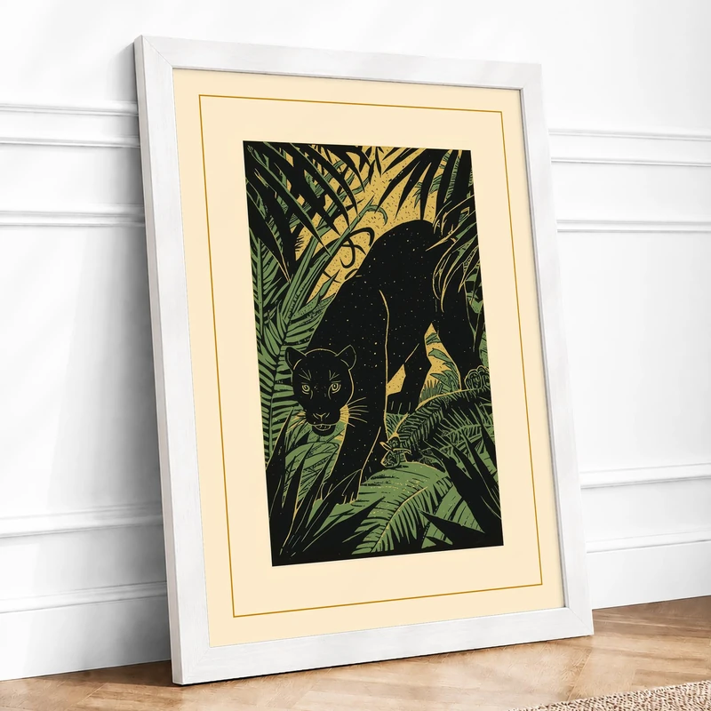 Panther in Jungle Boho Framed Wall Art Print A1 (84.1×59.4cm) White, Wall Decor for Living Room, Bedroom, Office & Home, Ready to Hang, Art Gift - Image 1