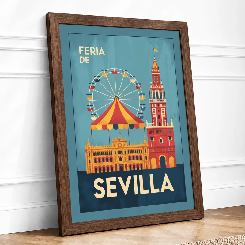 Postcard from Seville Vintage Framed Wall Art Print A1 (84.1×59.4cm) Walnut, Wall Decor for Living Room, Bedroom, Office & Home, Ready to Hang, Art Gift