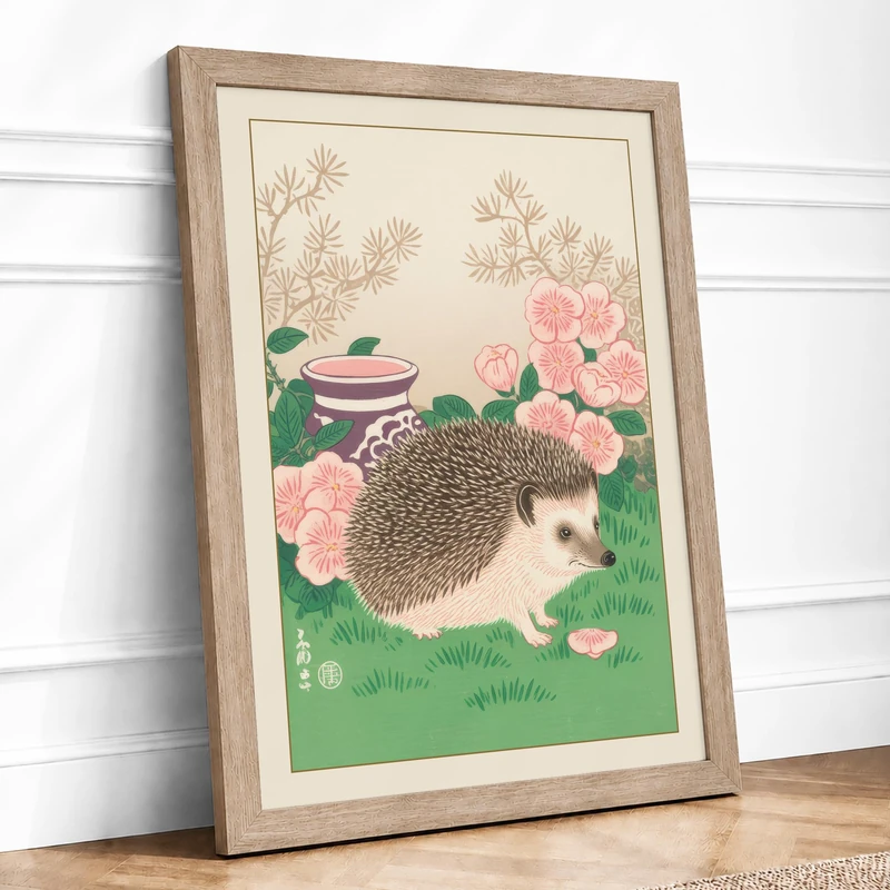 Hedgehog in the Garden Japandi Framed Wall Art Print A1 (84.1×59.4cm) Oak, Wall Decor for Living Room, Bedroom, Office & Home, Ready to Hang, Art Gift - Image 1