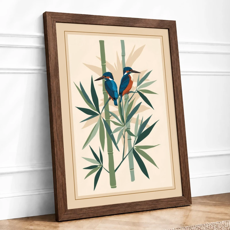 Kingfishers on Bamboo Botanical Framed Wall Art Print A1 (84.1×59.4cm) Walnut, Wall Decor for Living Room, Bedroom, Office & Home, Ready to Hang, Art Gift