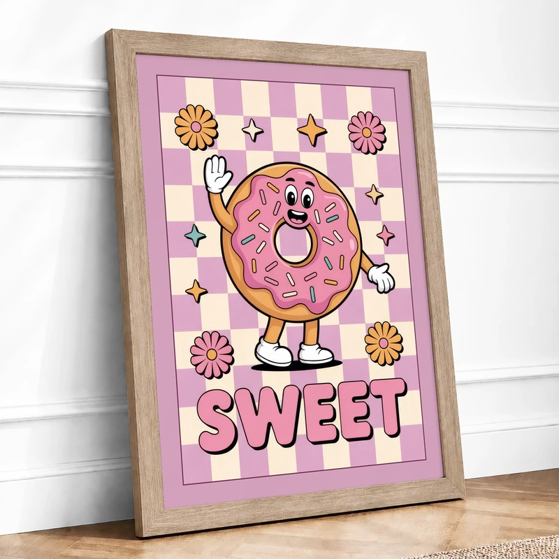 Sweet Donut Dream Retro Framed Wall Art Print A1 (84.1×59.4cm) Oak, Wall Decor for Living Room, Bedroom, Office & Home, Ready to Hang, Art Gift