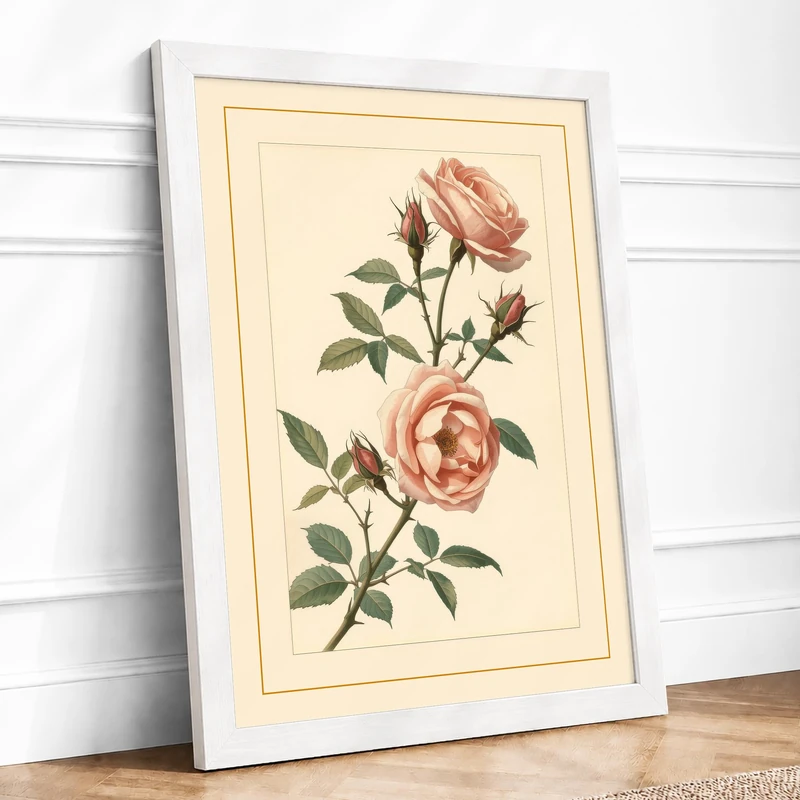 Roses in Bloom Botanical Framed Wall Art Print A1 (84.1×59.4cm) White, Wall Decor for Living Room, Bedroom, Office & Home, Ready to Hang, Art Gift