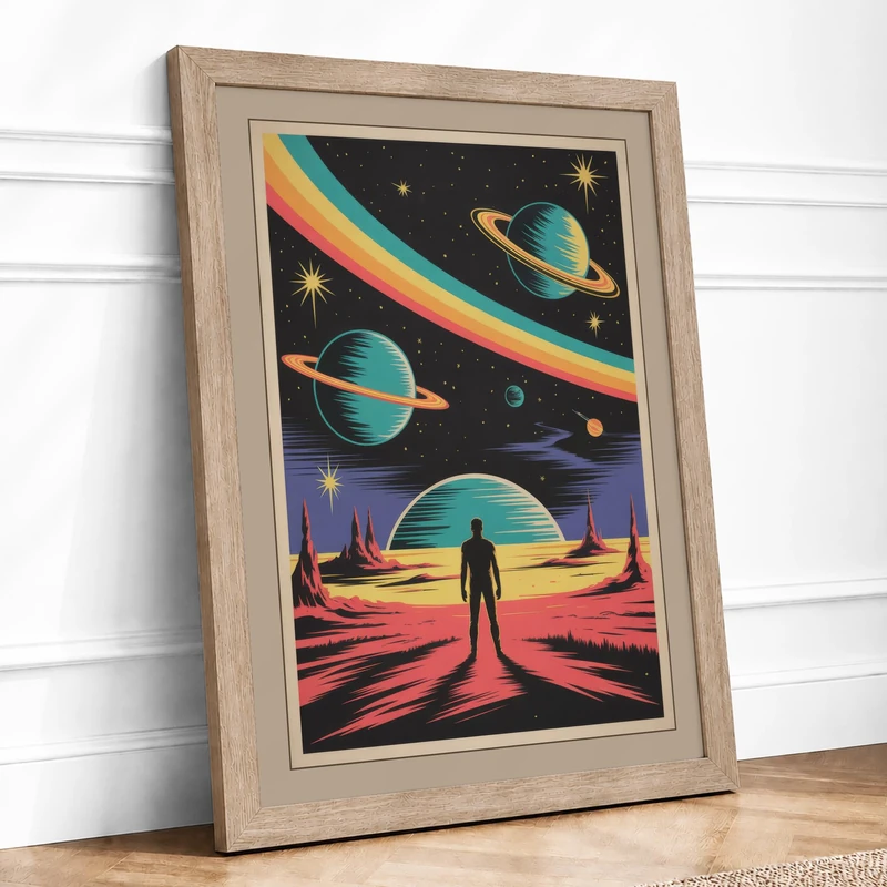 Cosmic Wonder Retro Framed Wall Art Print A1 (84.1×59.4cm) Oak, Wall Decor for Living Room, Bedroom, Office & Home, Ready to Hang, Art Gift