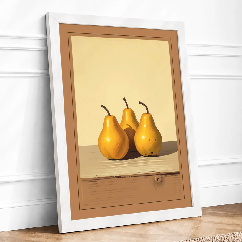 Three Golden Pears Minimalist Framed Wall Art Print A1 (84.1×59.4cm) White, Wall Decor for Living Room, Bedroom, Office & Home, Ready to Hang, Art Gift