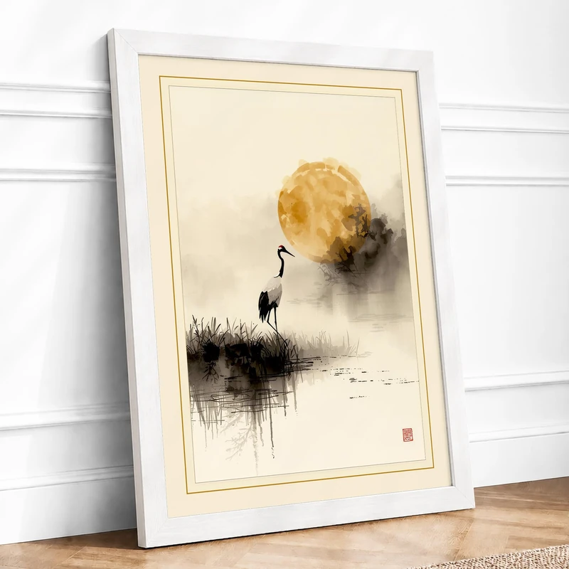 Crane at Dawn Japandi Framed Wall Art Print A1 (84.1×59.4cm) White, Wall Decor for Living Room, Bedroom, Office & Home, Ready to Hang, Art Gift