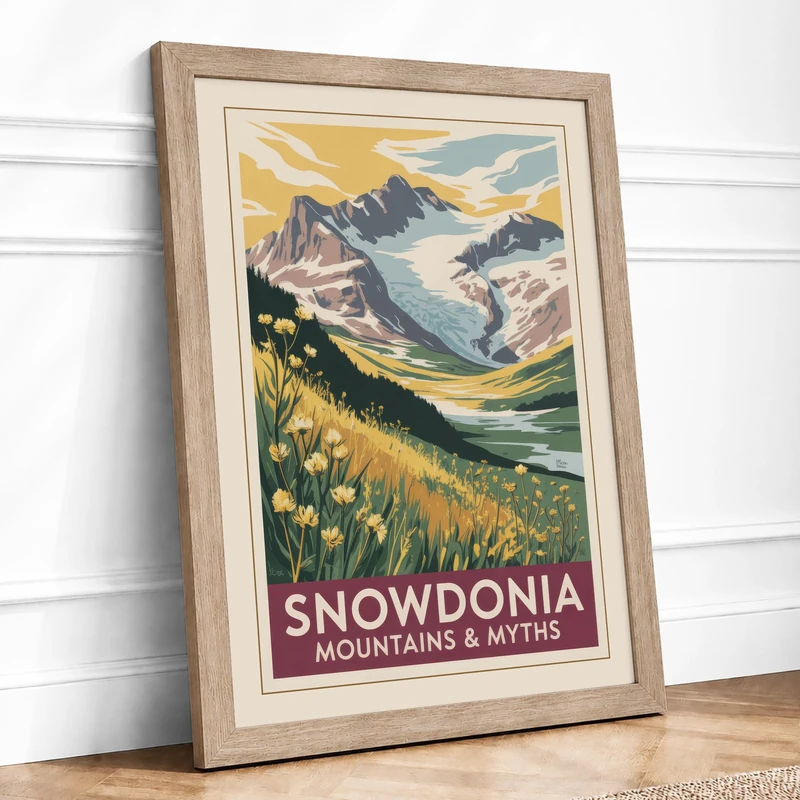 Snowdonia Mountains & Myths Vintage Framed Wall Art Print A1 (84.1×59.4cm) Oak, Wall Decor for Living Room, Bedroom, Office & Home, Ready to Hang, Art Gift