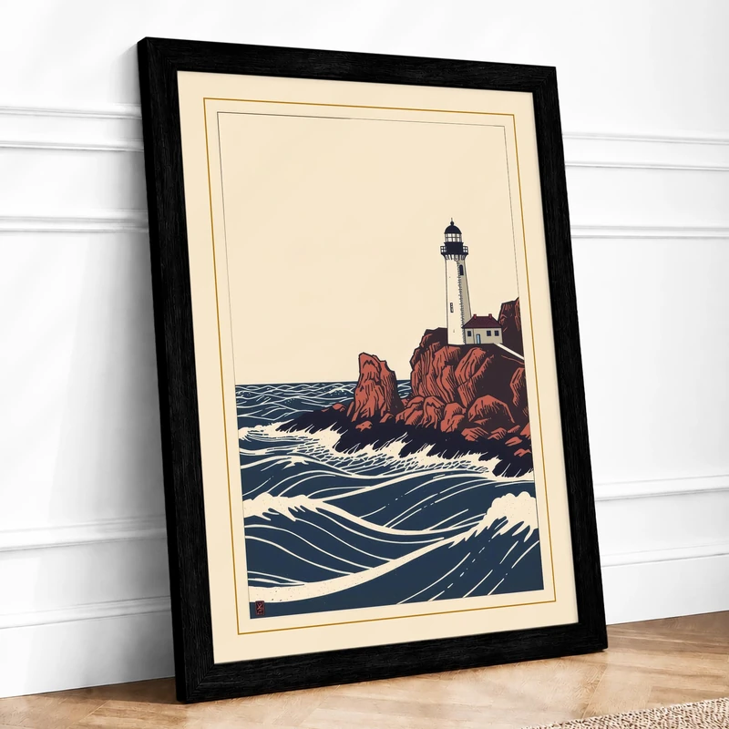 Lighthouse in Turbulent Seas Coastal Framed Wall Art Print A1 (84.1×59.4cm) Black, Wall Decor for Living Room, Bedroom, Office & Home, Ready to Hang, Art Gift