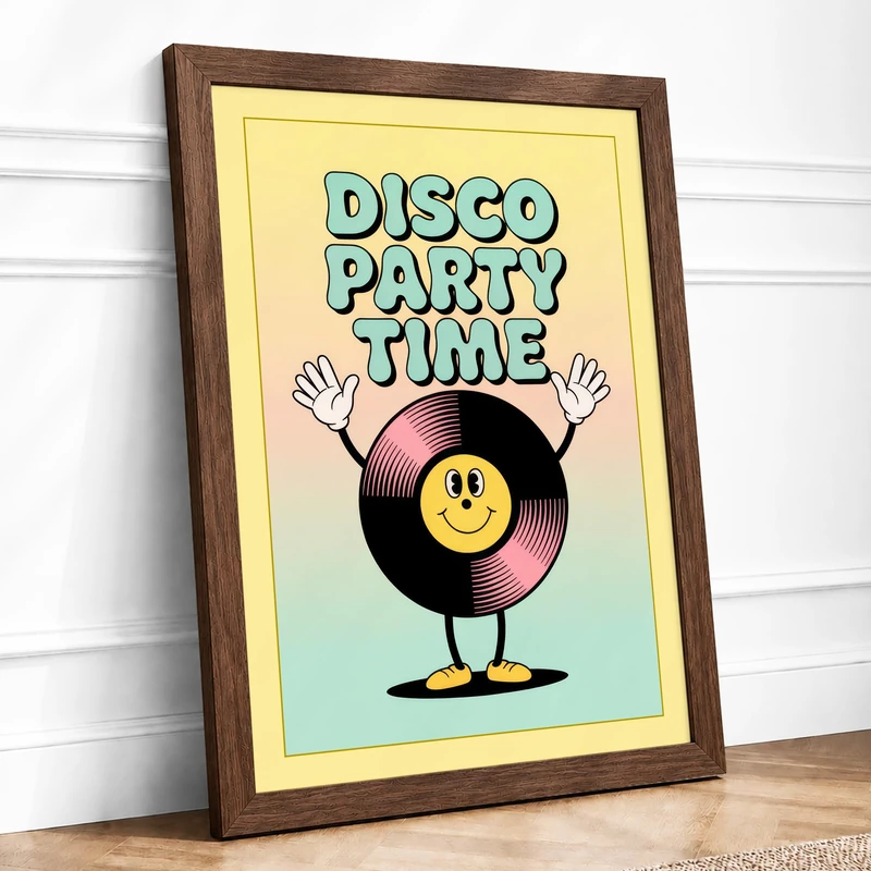 Disco Party Time Retro Framed Wall Art Print A1 (84.1×59.4cm) Walnut, Wall Decor for Living Room, Bedroom, Office & Home, Ready to Hang, Art Gift
