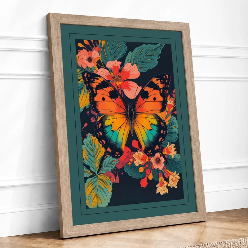 Butterfly and Wildflowers Botanical Framed Wall Art Print A1 (84.1×59.4cm) Oak, Wall Decor for Living Room, Bedroom, Office & Home, Ready to Hang, Art Gift