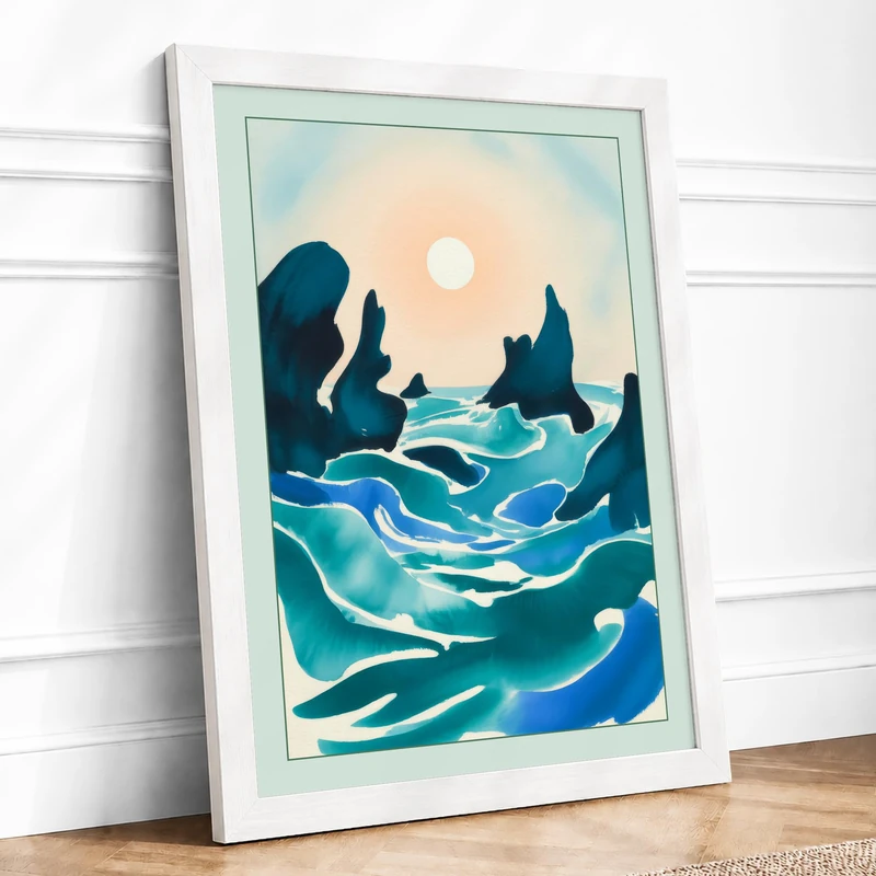 Serenity Coastal Framed Wall Art Print A1 (84.1×59.4cm) White, Wall Decor for Living Room, Bedroom, Office & Home, Ready to Hang, Art Gift