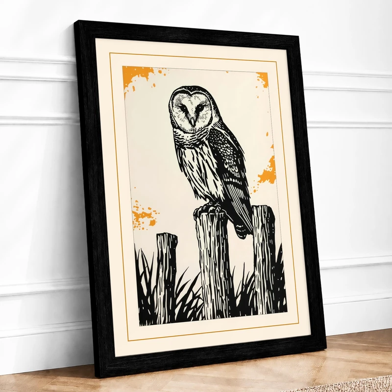 Barn Owl on Post Japandi Framed Wall Art Print A1 (84.1×59.4cm) Black, Wall Decor for Living Room, Bedroom, Office & Home, Ready to Hang, Art Gift