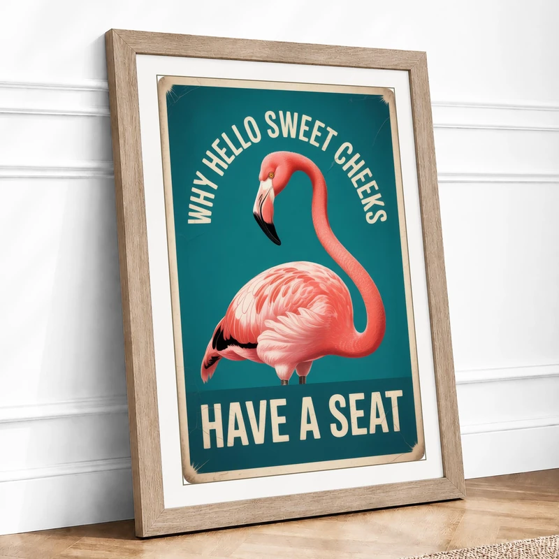 Sweet Cheeks Flamingo Sign Retro Framed Wall Art Print A1 (84.1×59.4cm) Oak, Wall Decor for Living Room, Bedroom, Office & Home, Ready to Hang, Art Gift