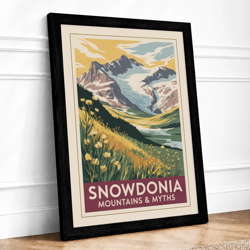 Snowdonia Mountains & Myths Vintage Framed Wall Art Print A1 (84.1×59.4cm) Black, Wall Decor for Living Room, Bedroom, Office & Home, Ready to Hang, Art Gift