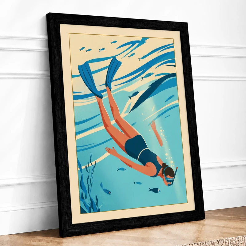 Swimmer in Turquoise Coastal Framed Wall Art Print A1 (84.1×59.4cm) Black, Wall Decor for Living Room, Bedroom, Office & Home, Ready to Hang, Art Gift
