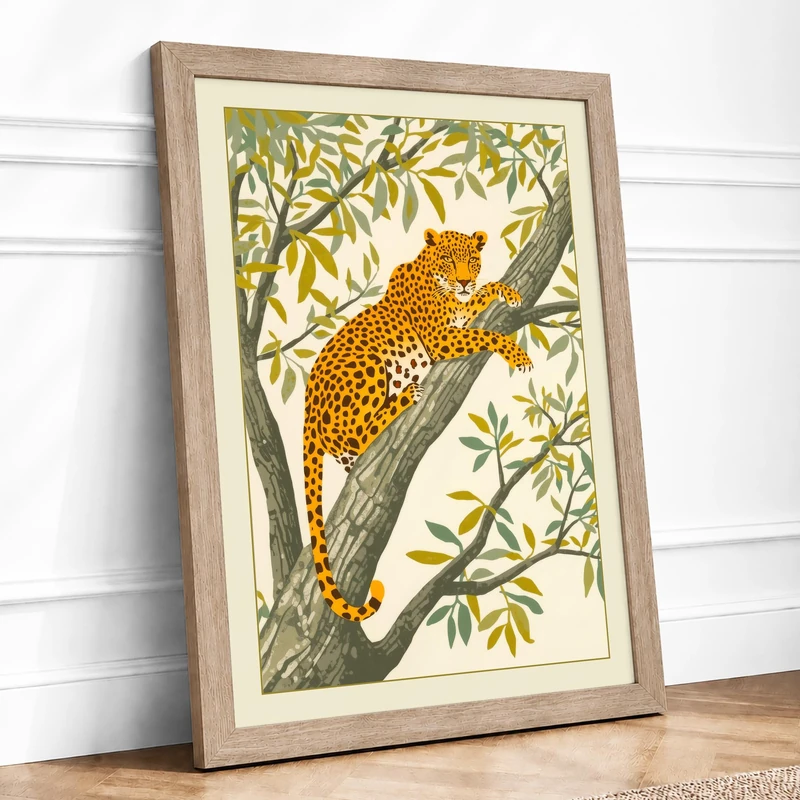Resting Leopard Botanical Framed Wall Art Print A1 (84.1×59.4cm) Oak, Wall Decor for Living Room, Bedroom, Office & Home, Ready to Hang, Art Gift