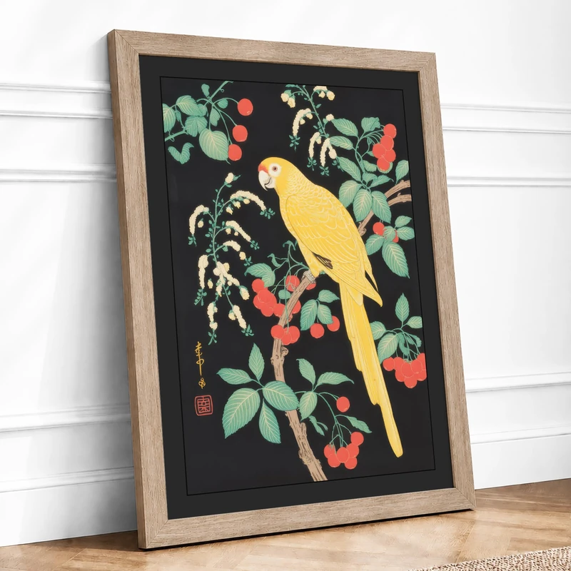 Parrot Among Blossoms Botanical Framed Wall Art Print A1 (84.1×59.4cm) Oak, Wall Decor for Living Room, Bedroom, Office & Home, Ready to Hang, Art Gift