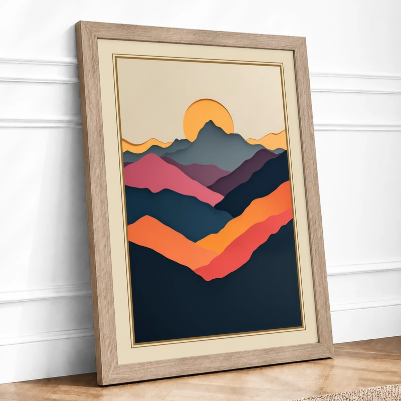 Mountains at Sunrise Modern Framed Wall Art Print A1 (84.1×59.4cm) Oak, Wall Decor for Living Room, Bedroom, Office & Home, Ready to Hang, Art Gift