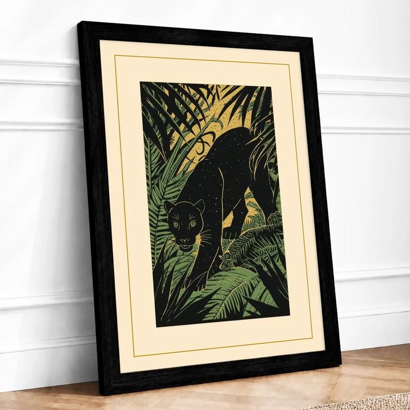 Panther in Jungle Boho Framed Wall Art Print A1 (84.1×59.4cm) Black, Wall Decor for Living Room, Bedroom, Office & Home, Ready to Hang, Art Gift