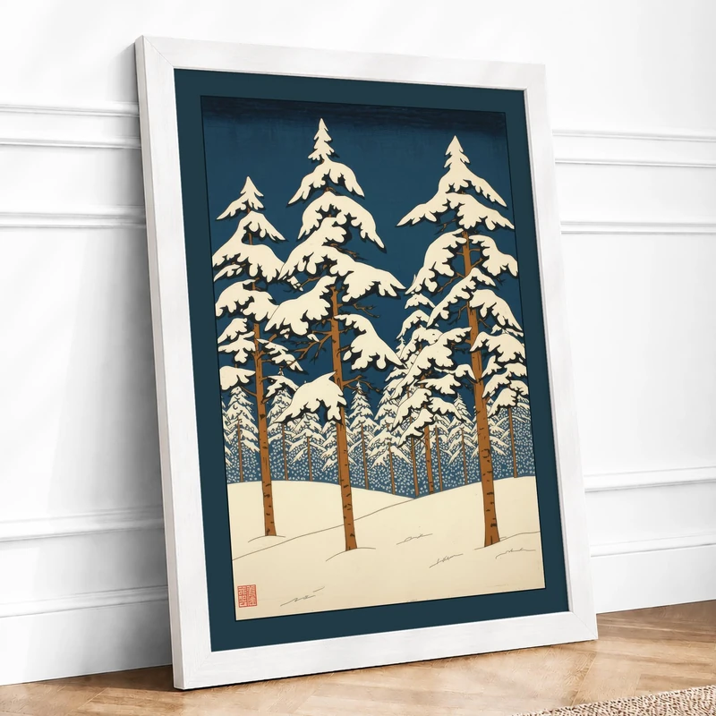 Snow-Laden Evergreens Japandi Framed Wall Art Print A1 (84.1×59.4cm) White, Wall Decor for Living Room, Bedroom, Office & Home, Ready to Hang, Art Gift - Image 1