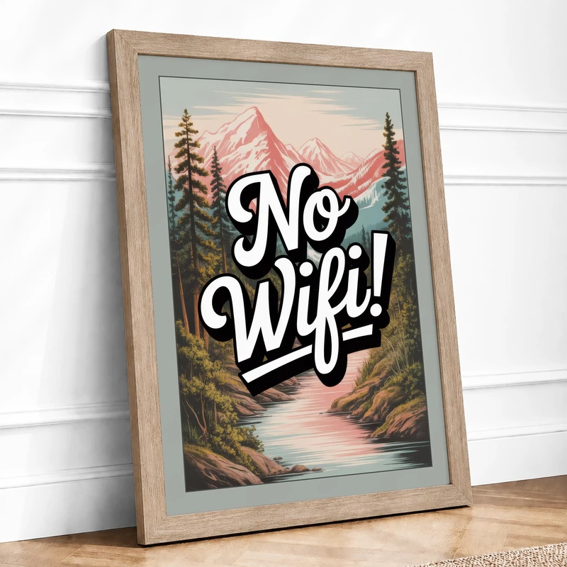 No Wifi Mountain Minimalist Framed Wall Art Print A1 (84.1×59.4cm) Oak, Wall Decor for Living Room, Bedroom, Office & Home, Ready to Hang, Art Gift - Image 1