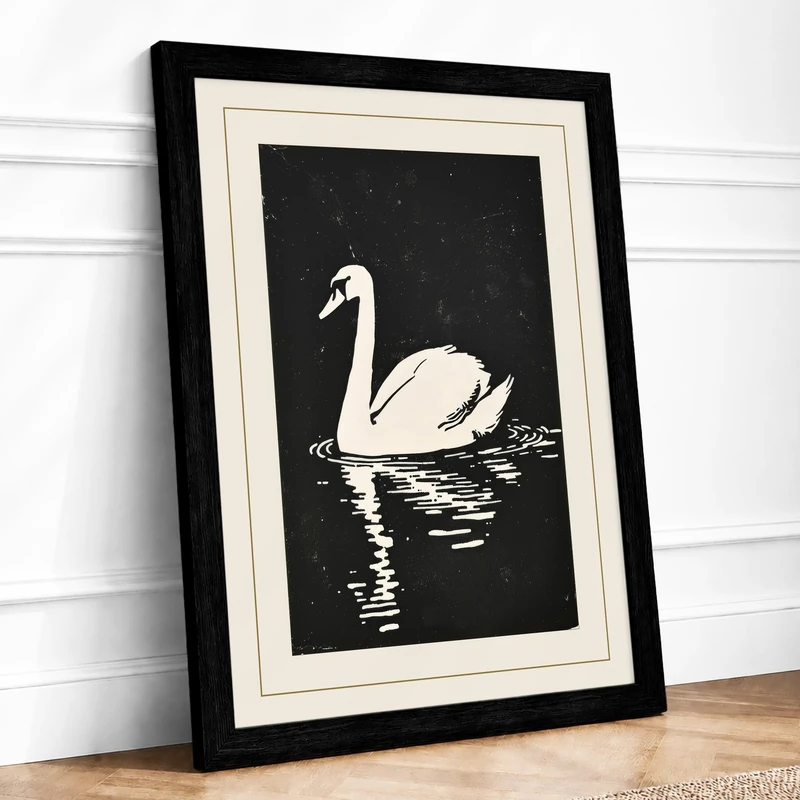 Swan on Dark Water Japandi Framed Wall Art Print A1 (84.1×59.4cm) Black, Wall Decor for Living Room, Bedroom, Office & Home, Ready to Hang, Art Gift - Image 1
