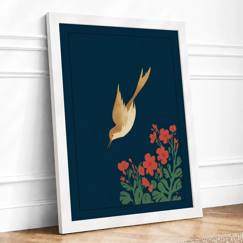 Golden Bird in Descent Botanical Framed Wall Art Print A1 (84.1×59.4cm) White, Wall Decor for Living Room, Bedroom, Office & Home, Ready to Hang, Art Gift