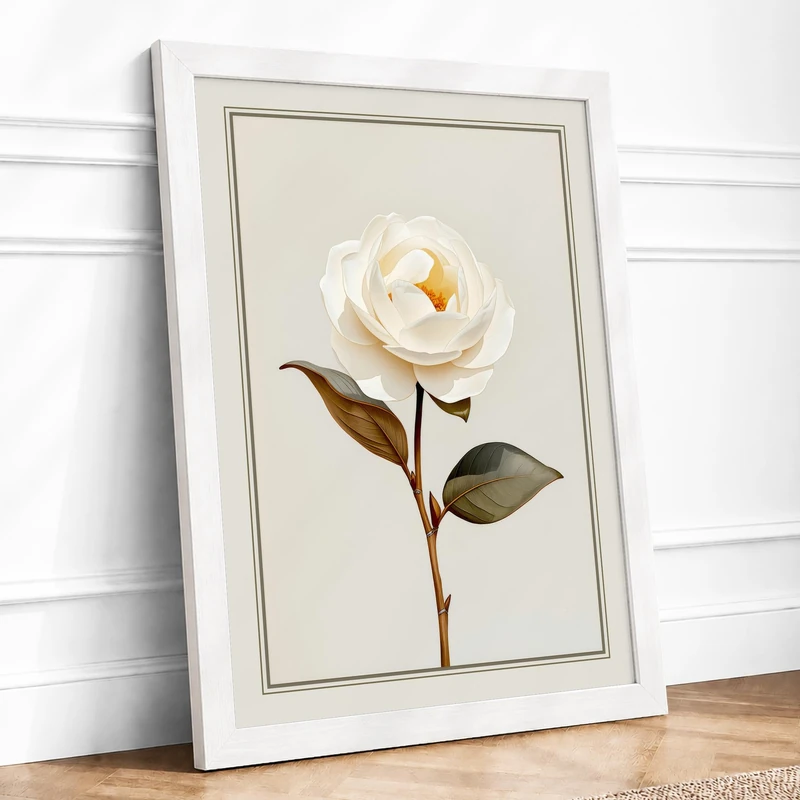 Single White Rose Botanical Framed Wall Art Print A1 (84.1×59.4cm) White, Wall Decor for Living Room, Bedroom, Office & Home, Ready to Hang, Art Gift