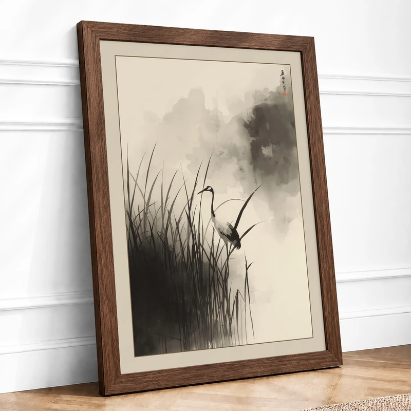 Bird in Flight Japandi Framed Wall Art Print A1 (84.1×59.4cm) Walnut, Wall Decor for Living Room, Bedroom, Office & Home, Ready to Hang, Art Gift - Image 1