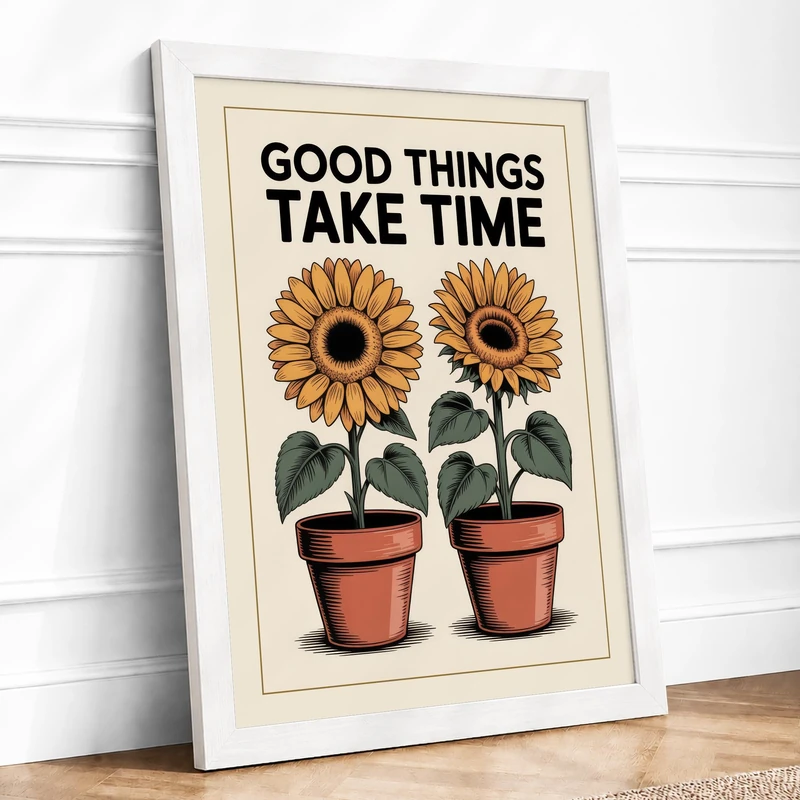 Good Things Take Time Botanical Framed Wall Art Print A1 (84.1×59.4cm) White, Wall Decor for Living Room, Bedroom, Office & Home, Ready to Hang, Art Gift - Image 1