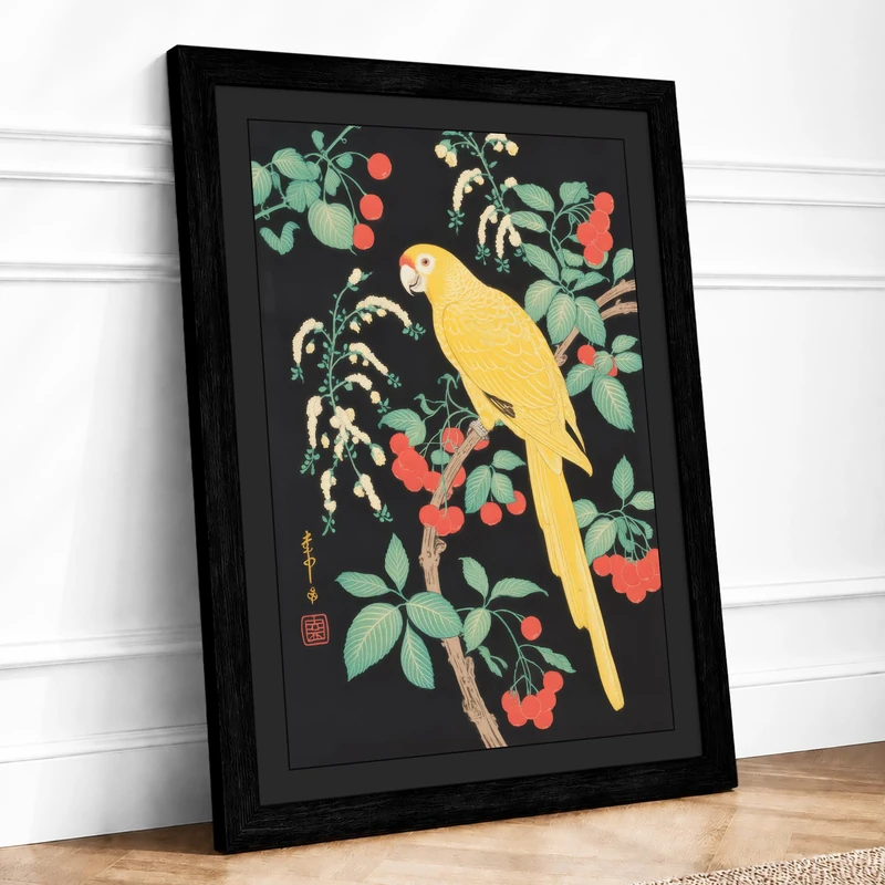 Parrot Among Blossoms Botanical Framed Wall Art Print A1 (84.1×59.4cm) Black, Wall Decor for Living Room, Bedroom, Office & Home, Ready to Hang, Art Gift