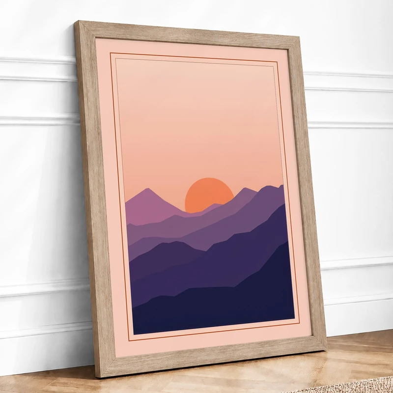 Mountains at Sunset Minimalist Framed Wall Art Print A1 (84.1×59.4cm) Oak, Wall Decor for Living Room, Bedroom, Office & Home, Ready to Hang, Art Gift