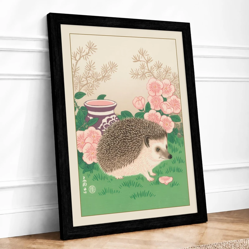 Hedgehog in the Garden Japandi Framed Wall Art Print A1 (84.1×59.4cm) Black, Wall Decor for Living Room, Bedroom, Office & Home, Ready to Hang, Art Gift - Image 1