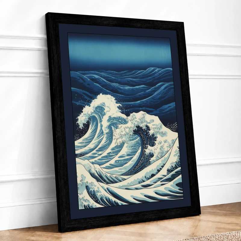 Great Wave Rising Japandi Framed Wall Art Print A1 (84.1×59.4cm) Black, Wall Decor for Living Room, Bedroom, Office & Home, Ready to Hang, Art Gift