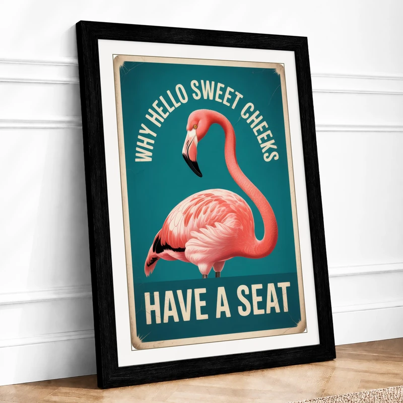 Sweet Cheeks Flamingo Sign Retro Framed Wall Art Print A1 Black