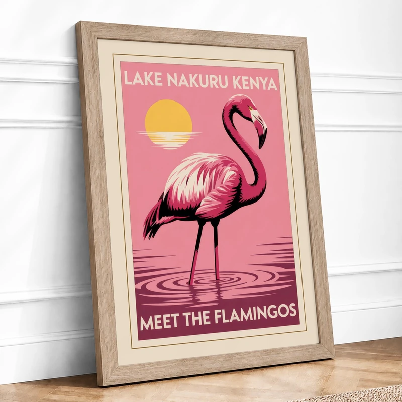 Lake Nakuru Flamingo Vintage Framed Wall Art Print A1 (84.1×59.4cm) Oak, Wall Decor for Living Room, Bedroom, Office & Home, Ready to Hang, Art Gift