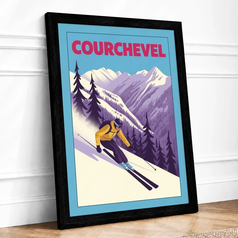 Courchevel Descent Vintage Framed Wall Art Print A1 (84.1×59.4cm) Black, Wall Decor for Living Room, Bedroom, Office & Home, Ready to Hang, Art Gift - Image 1