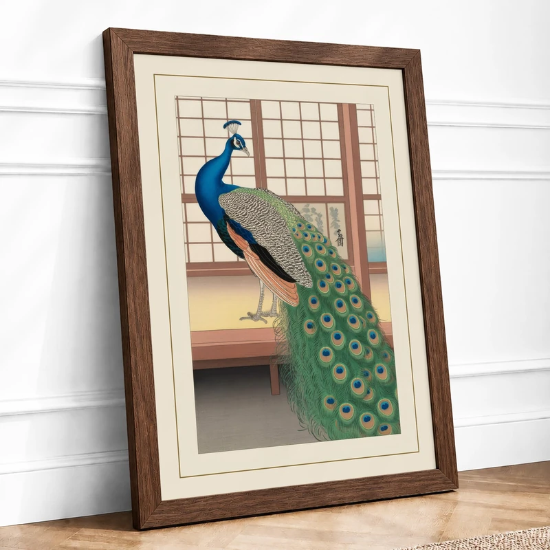 Peacock in Repose Art Deco Framed Wall Art Print A1 (84.1×59.4cm) Walnut, Wall Decor for Living Room, Bedroom, Office & Home, Ready to Hang, Art Gift - Image 1