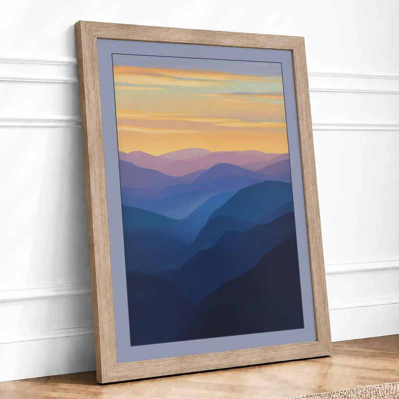 Mountains at Dawn Minimalist Framed Wall Art Print A1 (84.1×59.4cm) Oak, Wall Decor for Living Room, Bedroom, Office & Home, Ready to Hang, Art Gift - Image 1